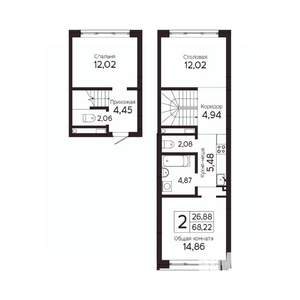 2-к квартира, вторичка, 68м2, 3/23 этаж