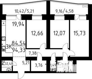 3-к квартира, вторичка, 94м2, 2/16 этаж