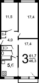 3-к квартира, вторичка, 59м2, 2/5 этаж