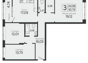 3-к квартира, вторичка, 93м2, 2/23 этаж