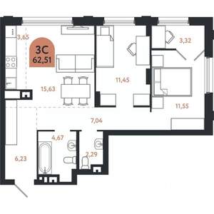 3-к квартира, вторичка, 63м2, 4/26 этаж