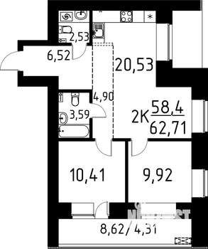 2-к квартира, строящийся дом, 63м2, 7/9 этаж