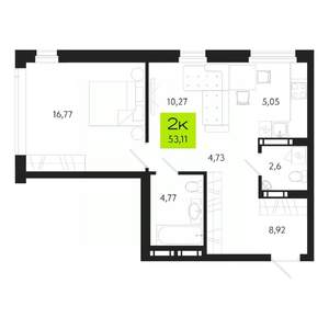 2-к квартира, строящийся дом, 53м2, 2/19 этаж