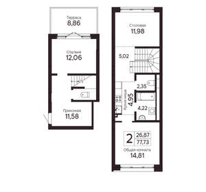2-к квартира, вторичка, 78м2, 1/23 этаж