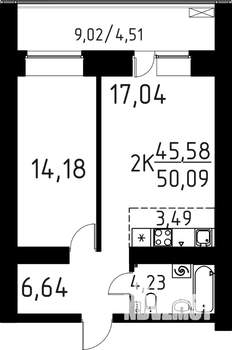 2-к квартира, строящийся дом, 50м2, 3/16 этаж