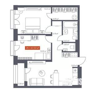 2-к квартира, вторичка, 67м2, 9/10 этаж