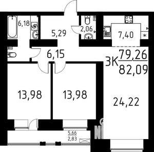 3-к квартира, строящийся дом, 82м2, 15/16 этаж