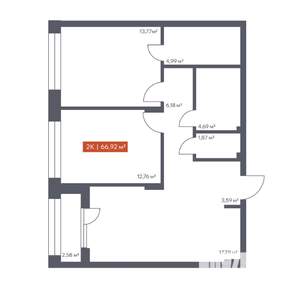2-к квартира, строящийся дом, 67м2, 2/30 этаж