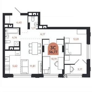 3-к квартира, вторичка, 57м2, 10/26 этаж