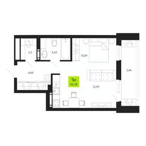 1-к квартира, строящийся дом, 45м2, 2/19 этаж