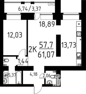 2-к квартира, вторичка, 61м2, 2/16 этаж