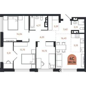 4-к квартира, вторичка, 81м2, 10/26 этаж