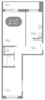2-к квартира, вторичка, 60м2, 6/10 этаж