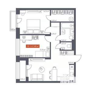 2-к квартира, вторичка, 67м2, 5/10 этаж