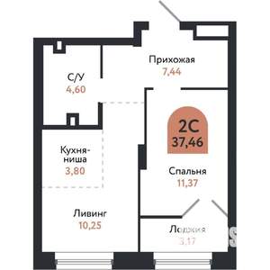 2-к квартира, вторичка, 37м2, 2/26 этаж