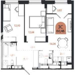 3-к квартира, строящийся дом, 60м2, 3/26 этаж