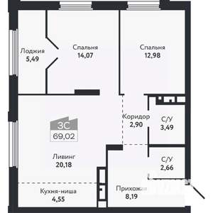 3-к квартира, вторичка, 69м2, 23/26 этаж