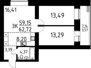 3-к квартира, строящийся дом, 63м2, 8/9 этаж