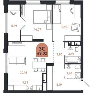 3-к квартира, строящийся дом, 69м2, 14/26 этаж