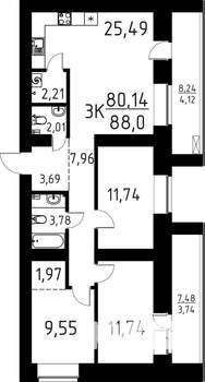 3-к квартира, строящийся дом, 88м2, 9/16 этаж