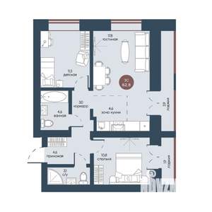 3-к квартира, строящийся дом, 63м2, 3/7 этаж