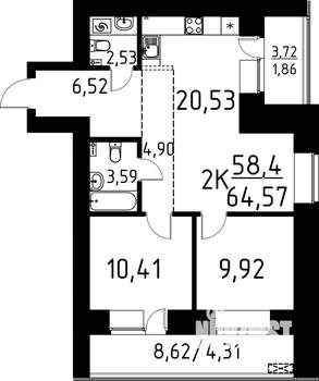 2-к квартира, строящийся дом, 65м2, 4/9 этаж