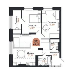 3-к квартира, вторичка, 69м2, 17/26 этаж
