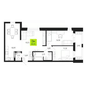 3-к квартира, строящийся дом, 80м2, 15/19 этаж