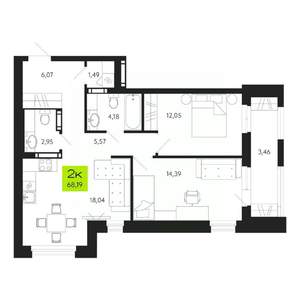 2-к квартира, строящийся дом, 68м2, 2/19 этаж