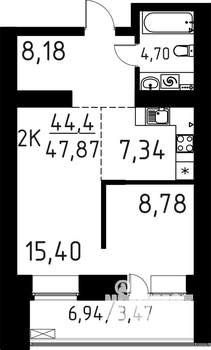 2-к квартира, строящийся дом, 48м2, 8/16 этаж