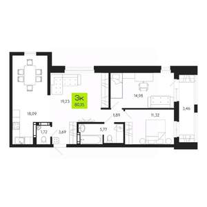 3-к квартира, строящийся дом, 80м2, 12/19 этаж