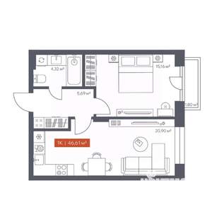 1-к квартира, вторичка, 47м2, 3/10 этаж