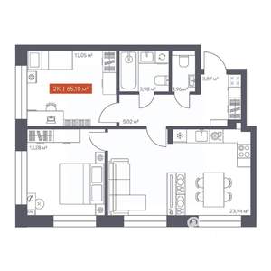 2-к квартира, вторичка, 65м2, 2/10 этаж