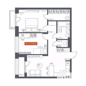 2-к квартира, вторичка, 67м2, 7/10 этаж