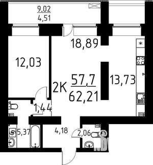 2-к квартира, вторичка, 62м2, 3/16 этаж