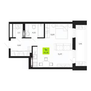 1-к квартира, строящийся дом, 45м2, 19/19 этаж