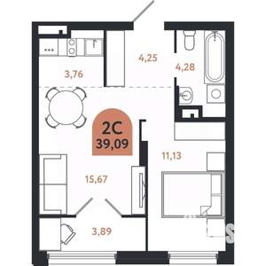 2-к квартира, вторичка, 39м2, 12/26 этаж
