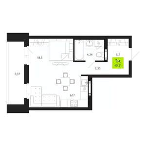 1-к квартира, строящийся дом, 40м2, 15/19 этаж