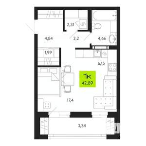 1-к квартира, строящийся дом, 43м2, 9/19 этаж