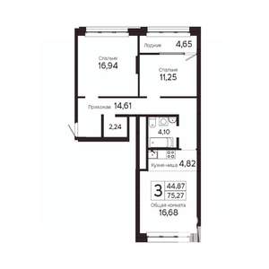 3-к квартира, вторичка, 73м2, 3/23 этаж