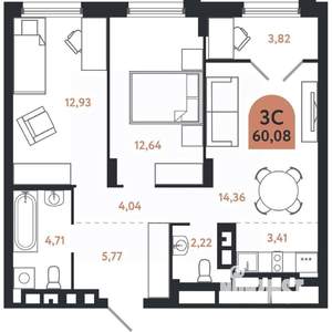 3-к квартира, вторичка, 60м2, 22/26 этаж