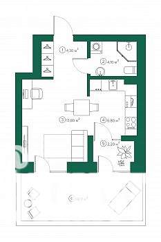 1-к квартира, строящийся дом, 35м2, 1/9 этаж