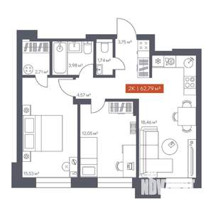 2-к квартира, вторичка, 63м2, 2/30 этаж