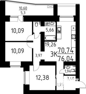 3-к квартира, строящийся дом, 76м2, 4/16 этаж