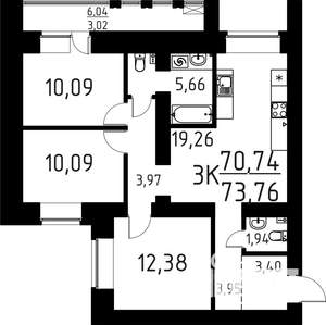 3-к квартира, строящийся дом, 74м2, 5/16 этаж