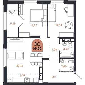 3-к квартира, вторичка, 69м2, 23/26 этаж