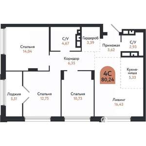 4-к квартира, вторичка, 80м2, 22/26 этаж