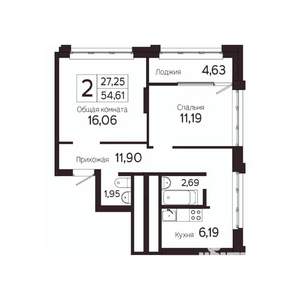 2-к квартира, вторичка, 52м2, 18/23 этаж