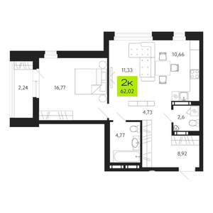 2-к квартира, строящийся дом, 62м2, 3/19 этаж