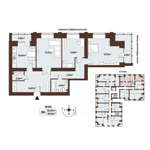 3-к квартира, строящийся дом, 89м2, 6/8 этаж